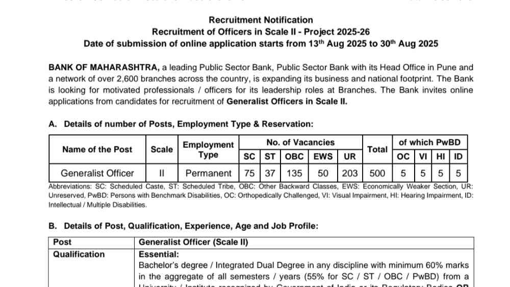 Bank of Maharashtra Generalist Officer Recruitment 2025